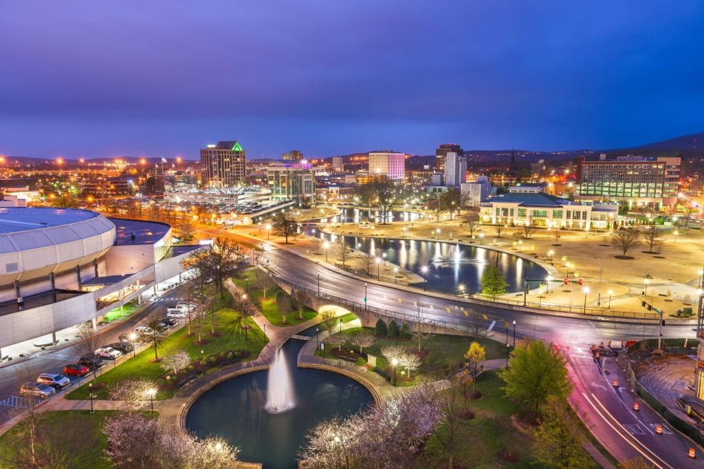 Discovery Pointe Huntsville Alabama USA Park And Downtown Cityscape At Twilight 1024x683