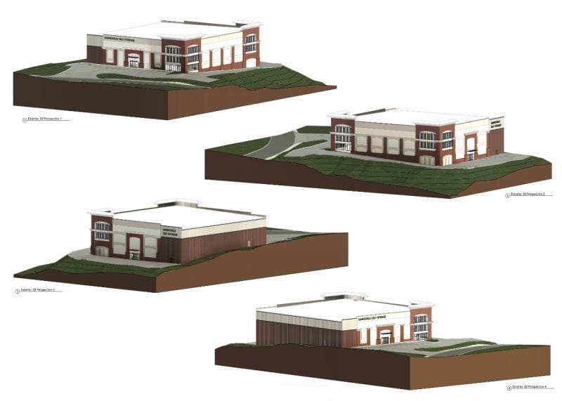 Began Horizontal Development Architectural site renderings of the Gainesville self-storage facility showing multiple exterior perspectives.