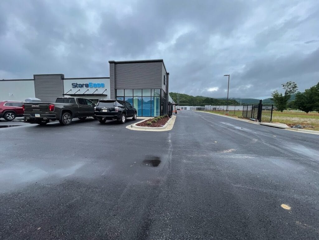 Lease-Up Underway Exterior photo of Huntsville Self-Storage, a completed five-building self-storage facility.