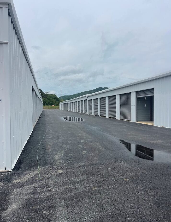 Lease-Up Underway Exterior photo of Huntsville Self-Storage, a completed five-building self-storage facility.
