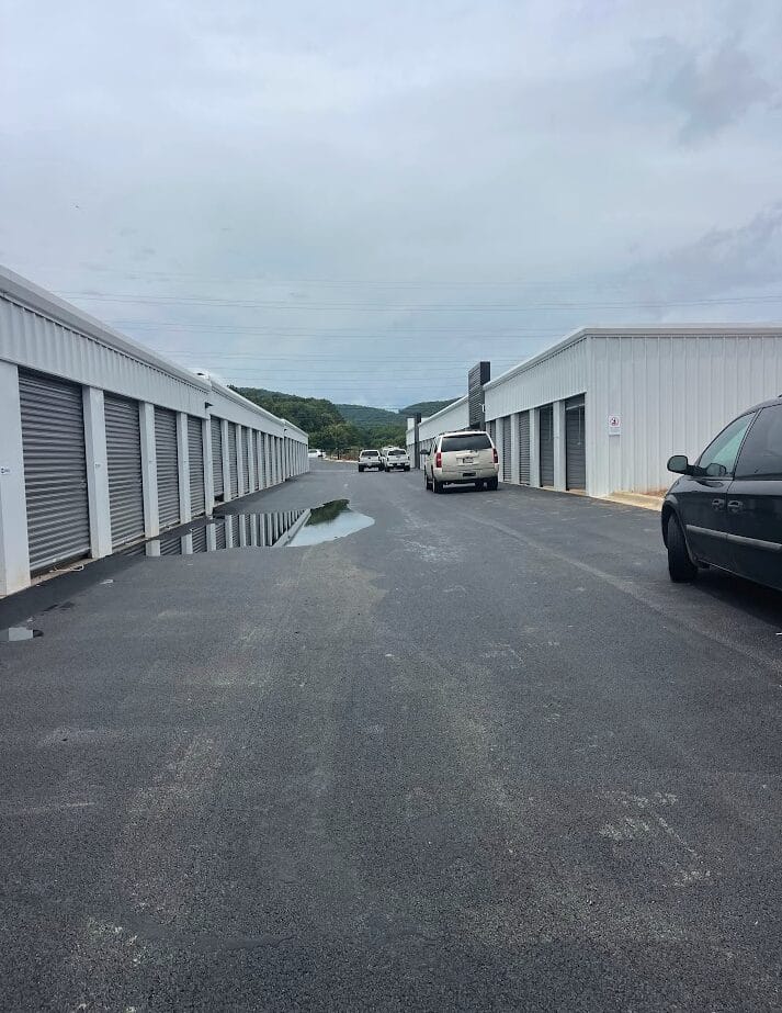 Lease-Up Underway Exterior photo of Huntsville Self-Storage, a completed five-building self-storage facility.