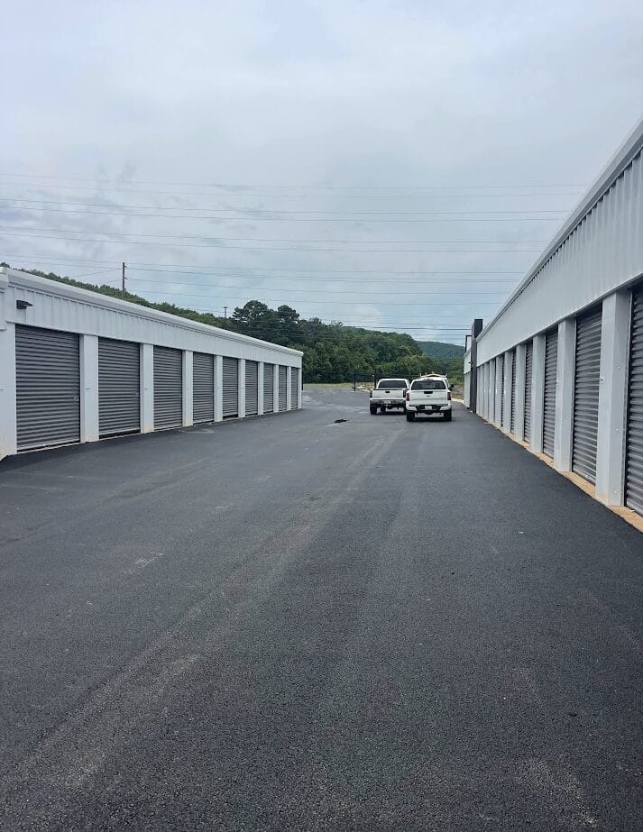 Lease-Up Underway Exterior photo of Huntsville Self-Storage, a completed five-building self-storage facility.