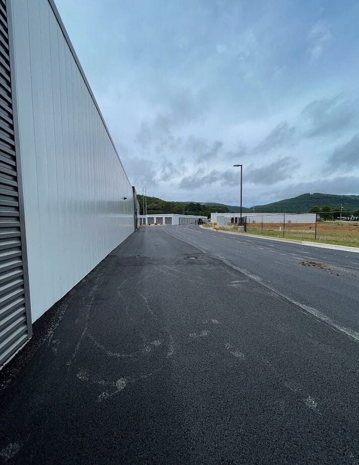 Lease-Up Underway Exterior photo of Huntsville Self-Storage, a completed five-building self-storage facility.