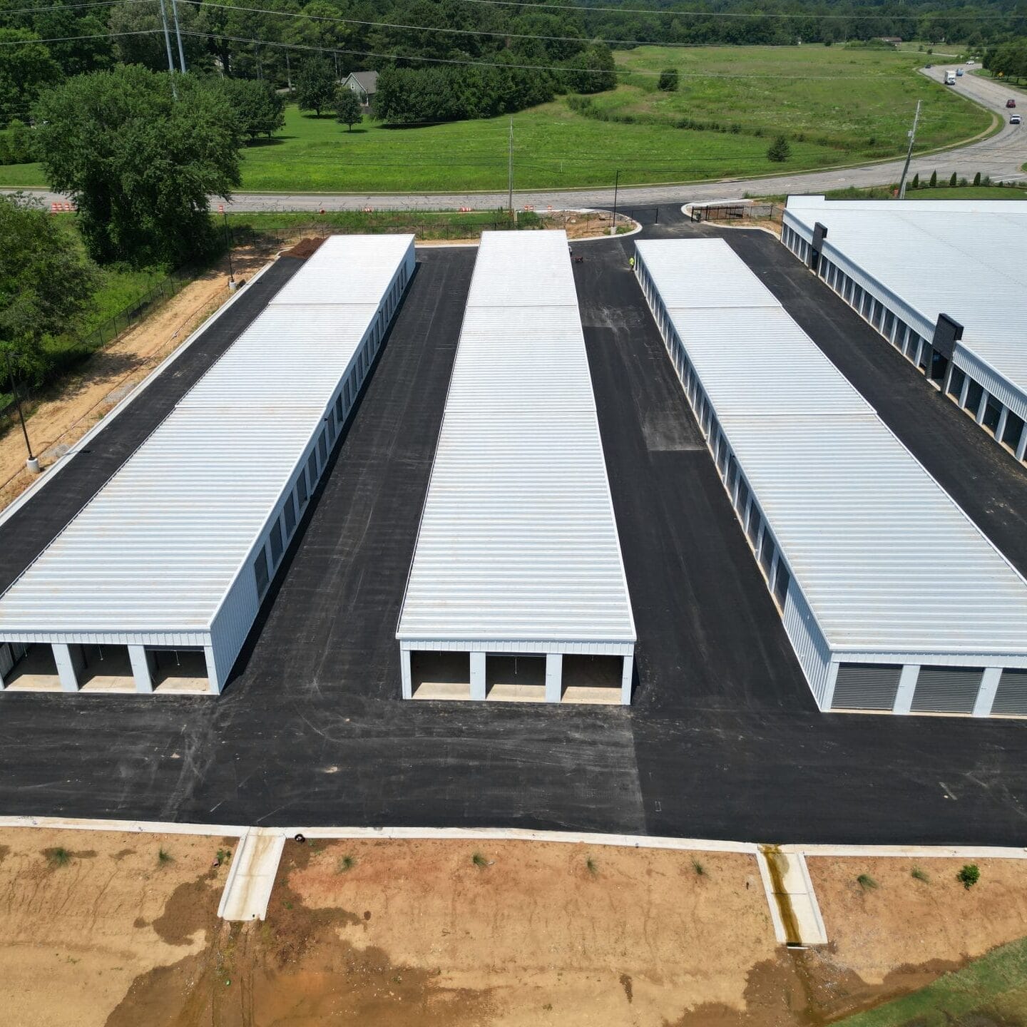 Exterior photo of Huntsville Self-Storage, a completed five-building self-storage facility.