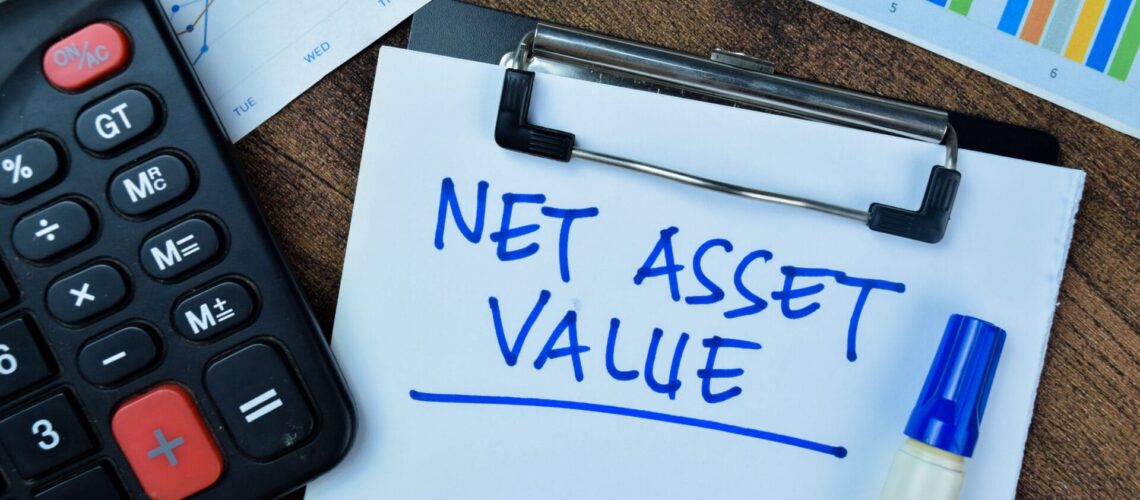 Concept of Net Asset Value write on paperwork isolated on Wooden Table